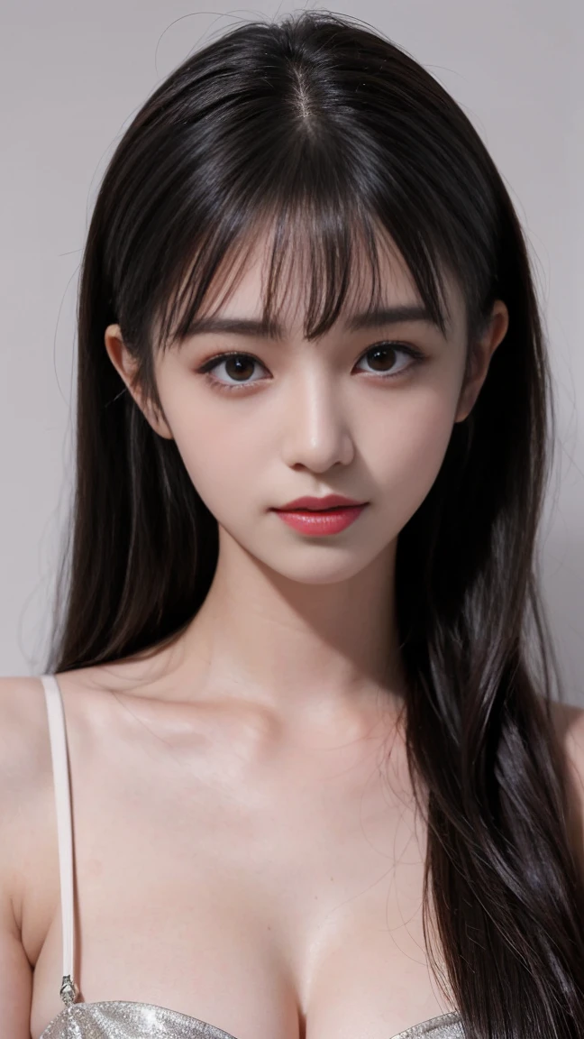 Highest quality,masterpiece,Ultra-high resolution,Original photo,Ultra-high resolution,Beautiful woman 25 years old woman'Fashion popular in the 1980s,Long legs:1.5,high waist,Flashy makeup using red eyeshadow,Big smile,Short cut with subtle side waves,whole body,Gray background,((Facing forward)),((whole bodyの画像)),((Long, slender legs))