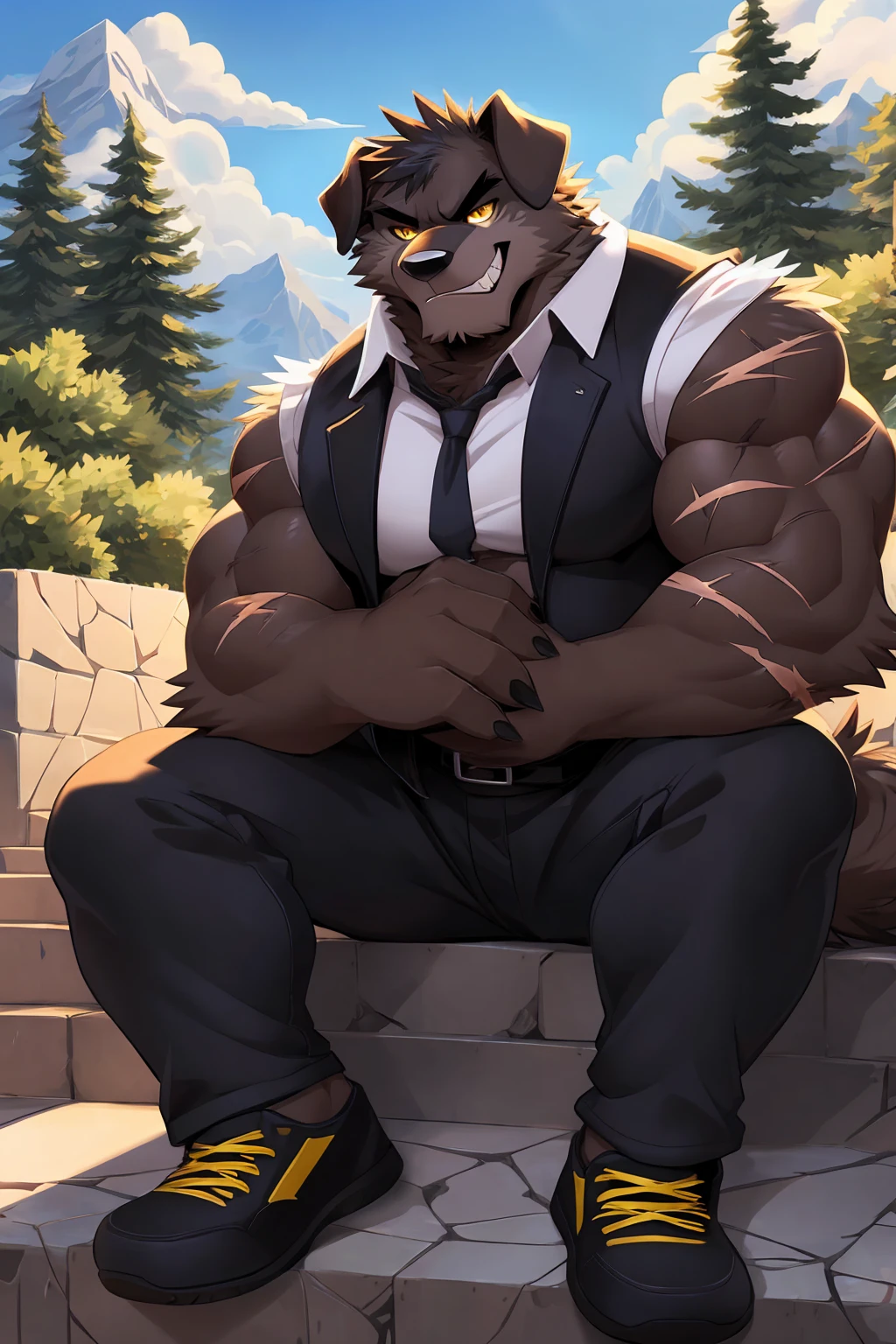 (sfw:1.5), male focus, Handsome 1boy, solitary，protrait photo, (White thick eyebrows:1.3), single, (Black nails, Black claws:1.4), yellow skin, Black hair, (black and yellow tail:1.4), (perfect golden eyes:1.4), (black and yellow body:1.3), (yellow chest:1.1), (yellow ears:1.4), 
Tibetan Mastiff, feet, black Tibetan mastiff, dog, Tibetan mastiff boy, Tibetan mastiff body, (evil eyes, big eyes, large eyes:1.4), (Chubby, The body is huge, Larger face:1.3), 
(White short-sleeved shirt, Black vest:1.4) , (Black trousers:1.4),(Short shoes:1.4), White socks, blue whistle, (Dark blue belt:1.2), (Lots of scars, lots of scars, Lots of scars:1.3), 
(full body:1.3), (Mature men:1.4), (Strong body, muscle,Strong male, muscle男:1.3), (Sitting, Sitting on the steps:1.4), (Looking at the audience, Focus, Eyes gaze:1.2), (evil smile, evil grin, Smirk:1.4), 
full background, Faculty, roadside, Stone steps, Mountain, Blue sky, White Cloud, Trees, Sunlight, daytime,
Mysterious and romantic atmosphere, Caustic lines(refraction, polarization)Perfect anatomical structure, absurd, Detailed background, (Delicate eyes:1.3),Printing style。((artist:Takemoto Arashi))