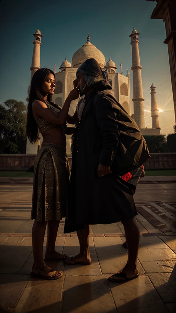 Generate an taj mahal and people are shooting it, cinematic lighting.