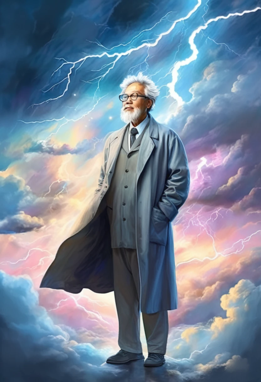 (Portrait of a genius scientist:1.4), Inspiration、Cloudy、Thundercloud、Lightning flash sky background、Pastel Art Style、Masterpiece、Highest quality