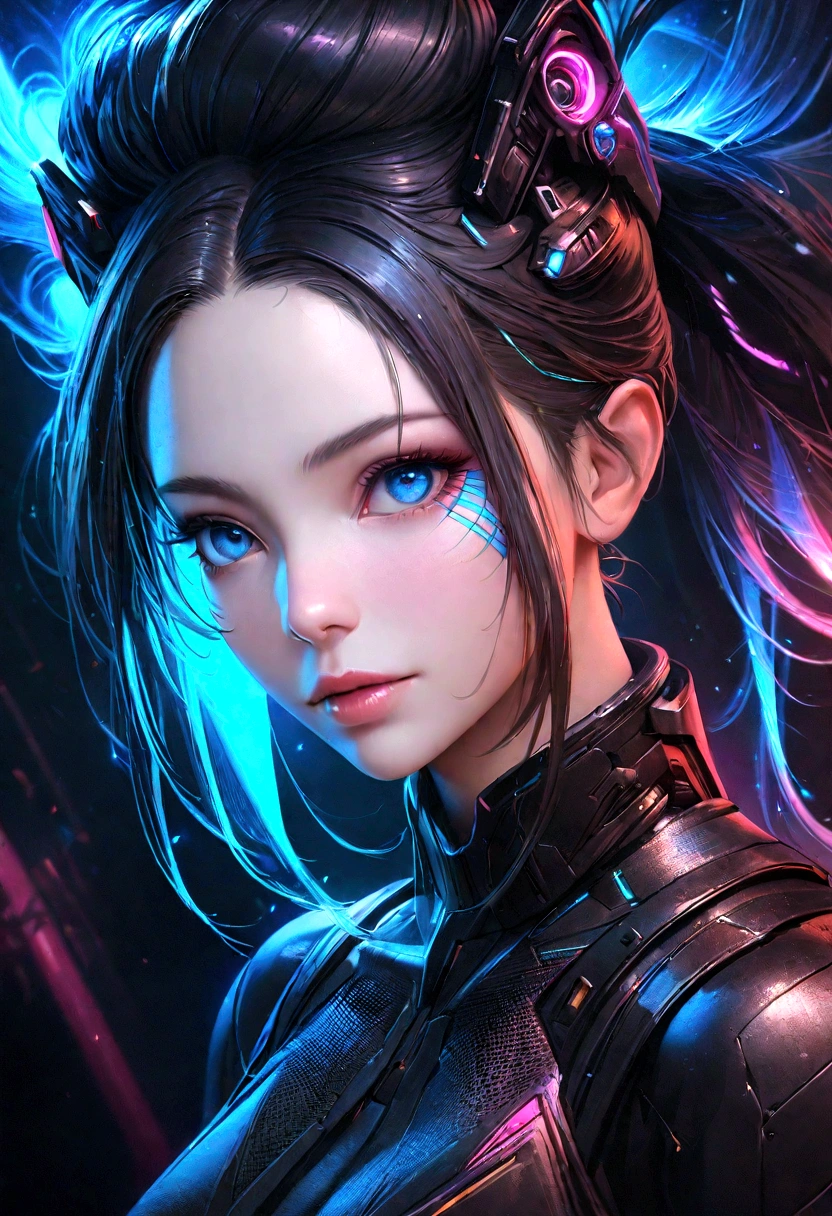 Close up of woman in black and blue dress, 4k highly detailed digital art, 4K Fine Digital Art, realistic digital art 4k, realistic digital art 4k, Stunning digital illustrations, Portrait Beautiful Sci-fi Girl, Sci-fi female portrait, digital artwork 4k, Cyberpunk girl portrait, Beautiful cyberpunk girl face, Epic Portrait Illustration  