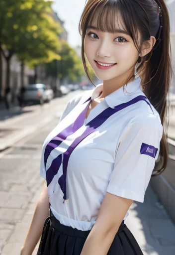(masterpiece, best quality:1.1), (8k, raw photo, photo realistic:1.2, f22), (shiny skin), detailed skin,ponytail,ribbon,detailed face, detailed eyes,smile,BREAK, real world, intricate details, smil, BREAK, 1girl, full body,(short sleeve,ribbon,purple,stripe),BREAK, (street:1.4)