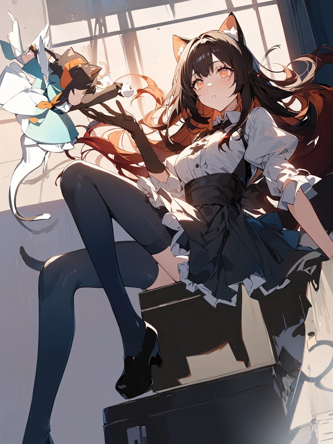 Slender anime girl,Black long hair,Bright orange eyes,Cat Ears Female Outfit,Black long sleeve,Sitting on the cupboard with legs crossed,There was a white elf holding a dessert flying beside her.,Arknights style,Light and shadow,masterpiece,Beautiful illustration wallpaper。