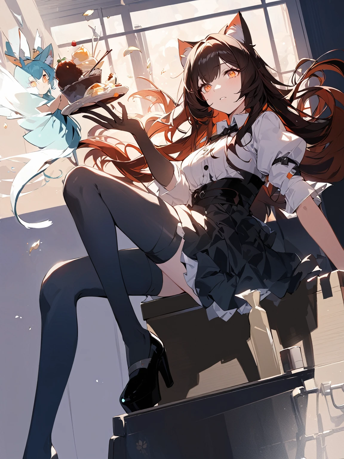 Slender anime girl,Black long hair,Bright orange eyes,Cat Ears Female Outfit,Black long sleeve,Sitting on the cupboard with legs crossed,There was a white elf holding a dessert flying beside her.,Arknights style,Light and shadow,masterpiece,Beautiful illustration wallpaper。