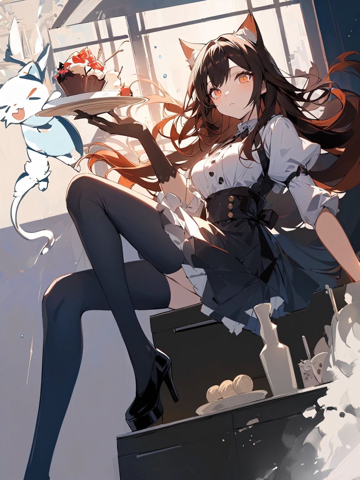 Slender anime girl，Black long hair，Bright orange eyes，Cat Ears Female Outfit，Black long sleeve，Sitting on the cupboard with legs crossed，There was a white elf holding a dessert flying beside her.，Arknights style，Light and shadow，masterpiece，Beautiful illustration wallpaper。