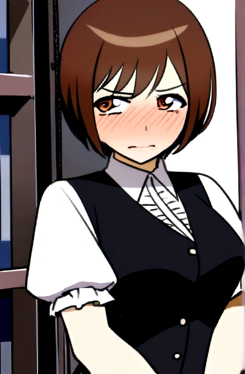 1woman, idol, short hair, brown hair、20-year-old、Office Lady、Library、White ruffle sleeve blouse、Frilled hirt lift、show off bra、Look away、Embarrassed expression、Unbutton three buttons on one&#39;s blouse