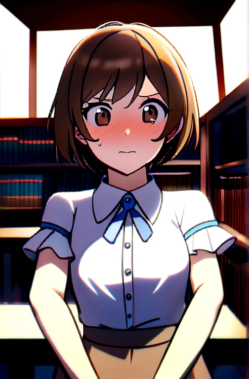 1woman, idol, short hair, brown hair、20-year-old、Office Lady、Library、White ruffle sleeve blouse、Frilled hirt lift、show off bra、Look away、Embarrassed expression、Unbutton three buttons on one's blouse