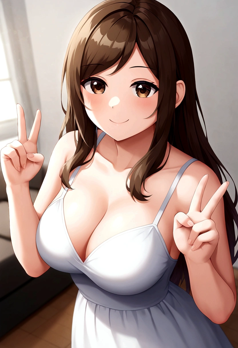 ((1girl)), super fine illustration, vibrant colors, absurdres extremely detailed CG, 8k wallpaper, (masterpiece:1.3), dynamic angle, dynamic pose, best quality, depth of field, cinematic lighting, ultra detailed, brown long hair, very straight hair, large breast, white knit dress , 20yo, cute, very baby face, brown eyes, kawaii, smile, droopy eyes, arms at sides, smartphone, modern living room, peace fingers, Hold your smartphone in your hand、The screen is facing you
