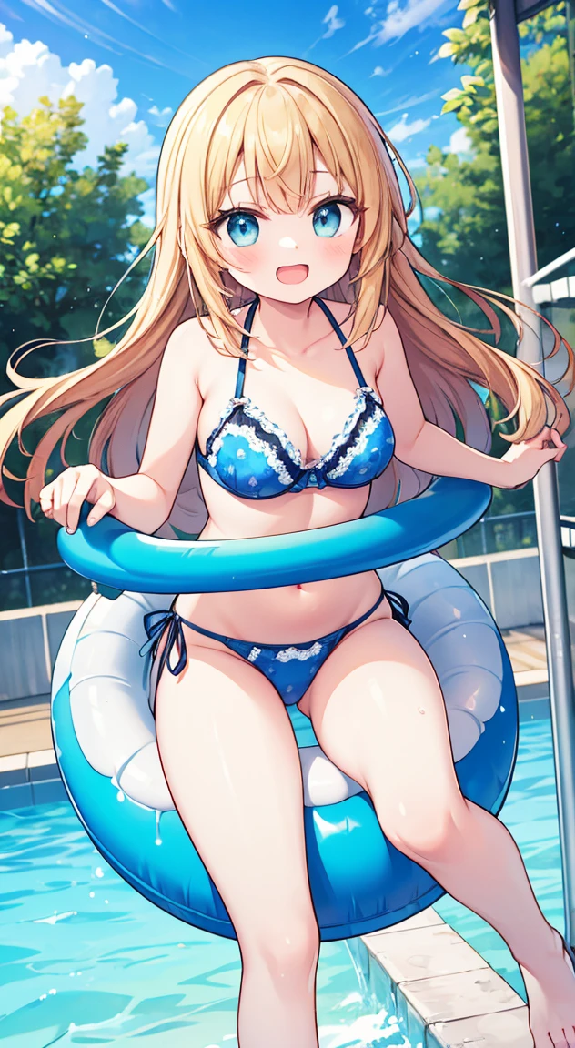 masterpiece,best quality,floral pattern bra, floral pattern panties,,side tie panties,A scene at a water park with a water slider, featuring a Japanese actress. The actress is wearing colorful bikini and is joyfully sliding down a long, open, water-filled slide, barefoot. The water slider is set amidst vibrant greenery and a clear blue sky. The actress, dressed in sporty fitness wear, is experiencing a thrilling ride, with water splashing around her as she descends the slide. She is riding on a bright inflatable ring, adding a lively touch to the overall atmosphere of the scene, and her bare feet add a sense of freedom and fun.