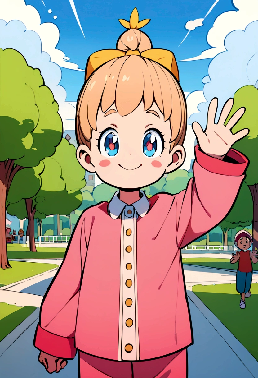 Cartoon children waving at the camera standing in front of a park