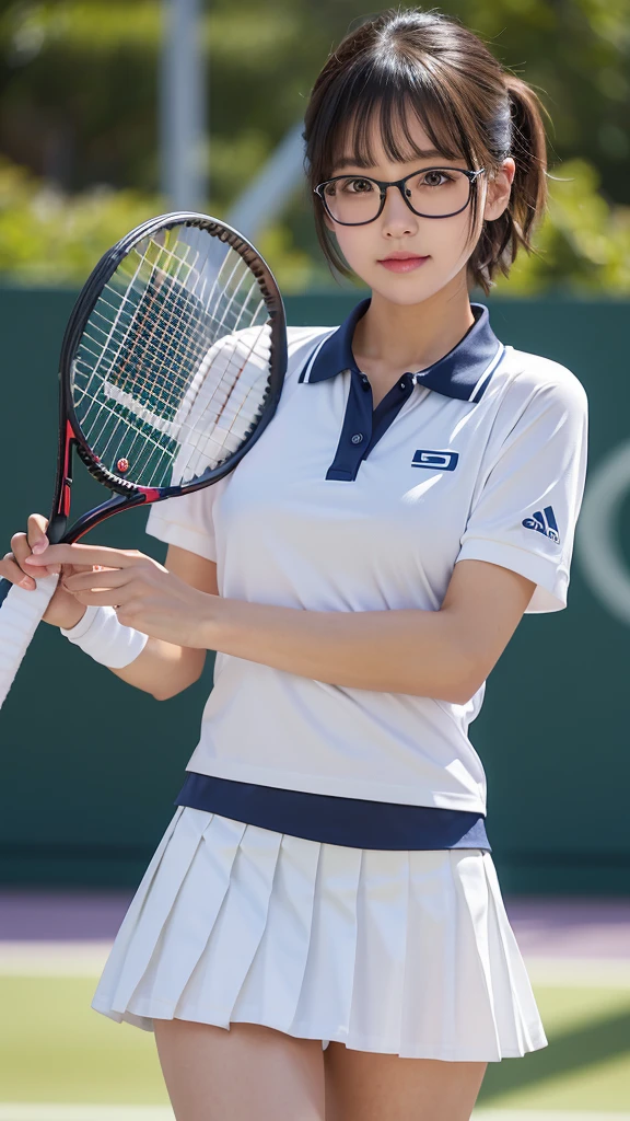 (masterpiece), (Highest quality),Ultra-high resolution, Caustics, Familiar, Beautiful Familiar FACE,Perfect Anatomy,Cowboy Shot,Solo 8 year old beauty、日BookのBookを読む人、Black Hair,Short Bob Hair,black eye,Slender body,Ideal body type,Medium chest,Sunburned skin,Glowing Skin,Oily skin,Shiny skin,Are standing,ponytail,((Breathable latex、Breathable tennis uniform、Breathable white polo shirt、Breathable white pleated mini skirt)),tennis racket1Book、正しく描かれたtennis racket:1.12、Outdoor、Tennis court、,Full body image,(beautiful pussy line:1.10),(She has a very cute, young face.:1), 、(Very young and busty:1.2),(Glasses girl:1),(Very breathable lace underwear),(Sometimes my nipples pump:1.4)