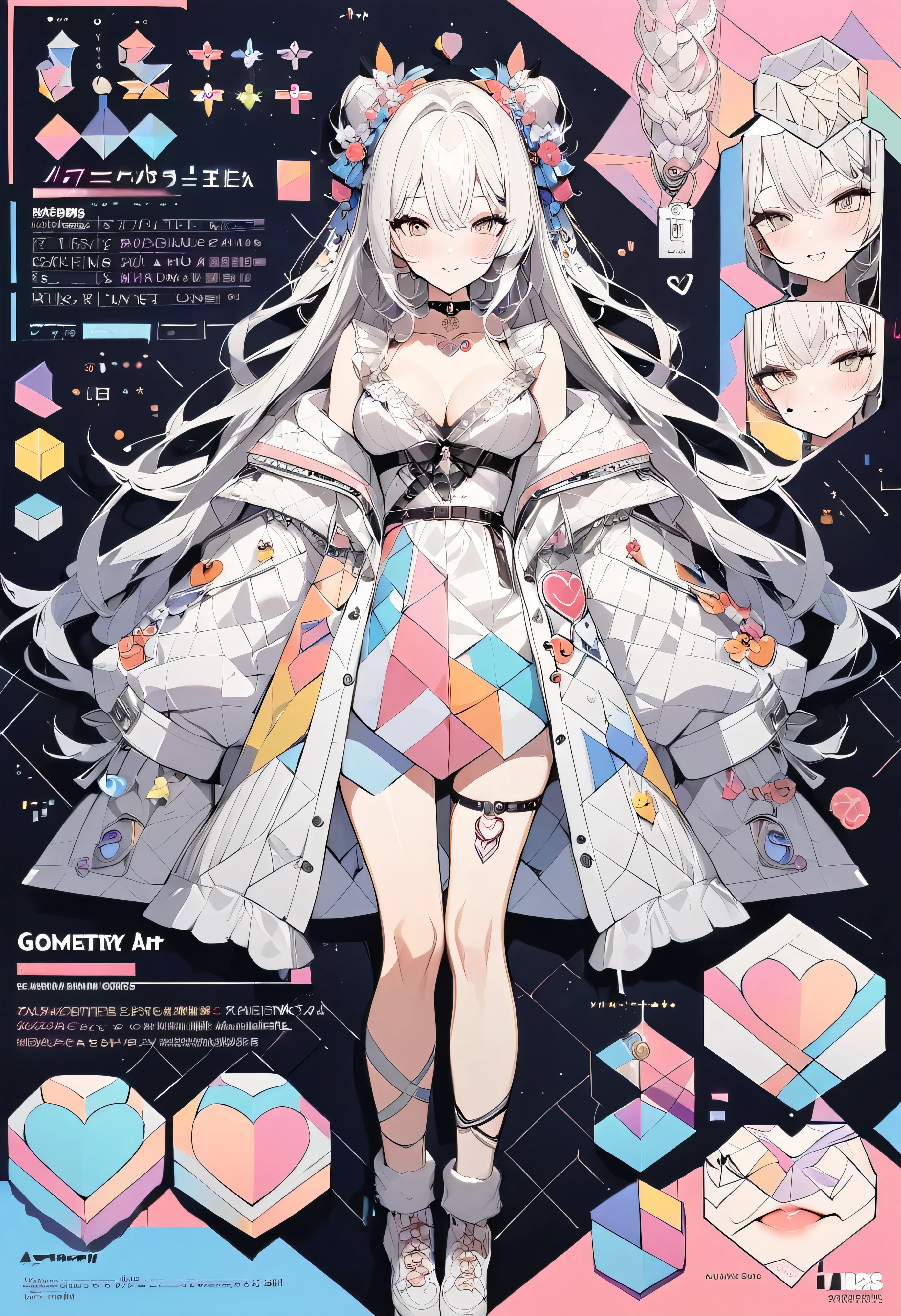 ,beautiful flower々),Mole under the eye, Heart-shaped choker, (masterpiece, Highest quality), Official Art, beautifully、aesthetic: 1.2), (1 Girl), Very detailed, (Geometry Art: 1.3), colorful,character sheet,simple background