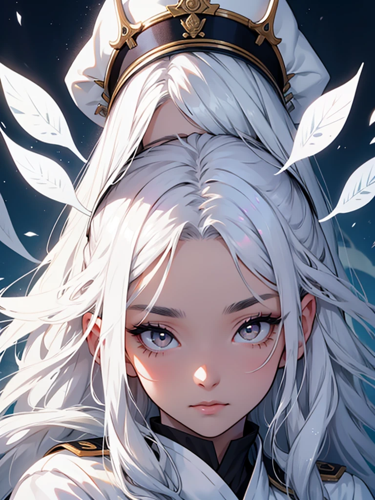 30-year-old woman、White long hair、White eyelashes、White Eyes、White eyebrows、White God's Clothes、Expressionless、White magic from one hand、White background、Cold-hearted