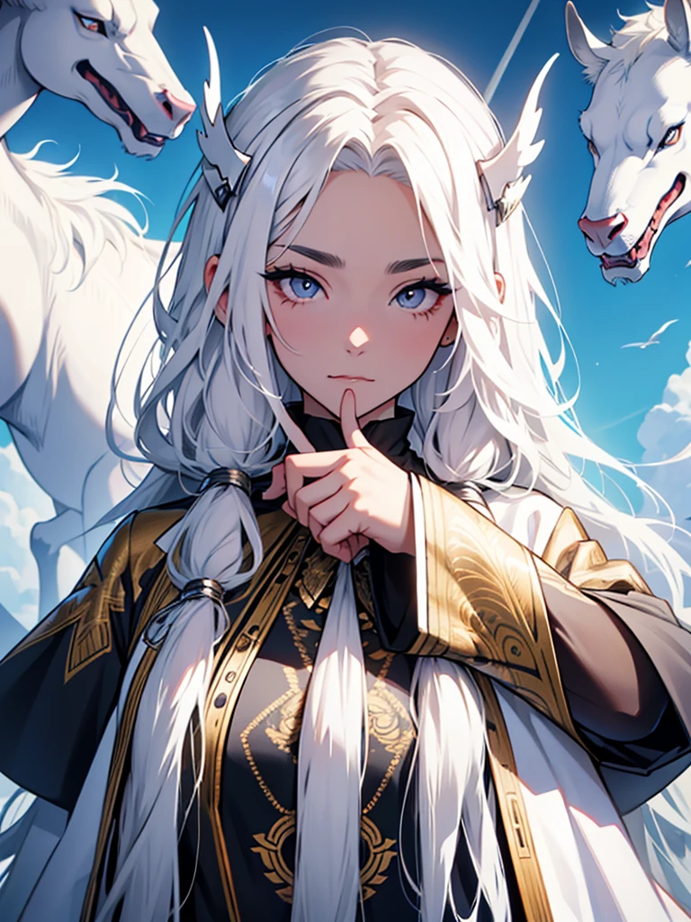 30-year-old woman、White long hair、White eyelashes、White Eyes、White eyebrows、White God&#39;s Clothes、Expressionless、White magic from one hand、White background、Cold-hearted