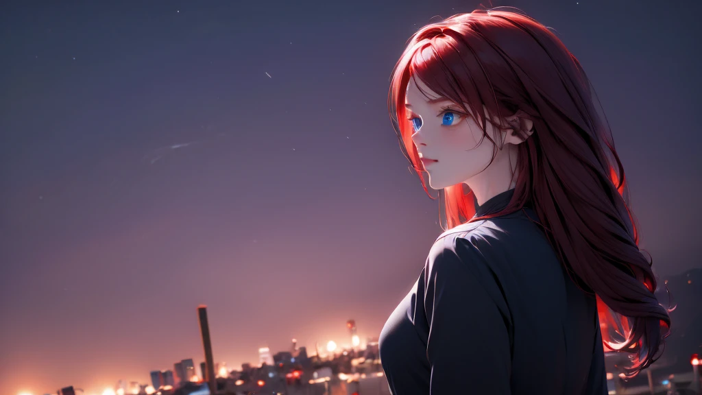 1 girl, medium light red hair, light blue eyes, wearing Black suit, night TOWN 4D , absurdres, high res, ultrasharp, 8K, masterpiece, looking from behind