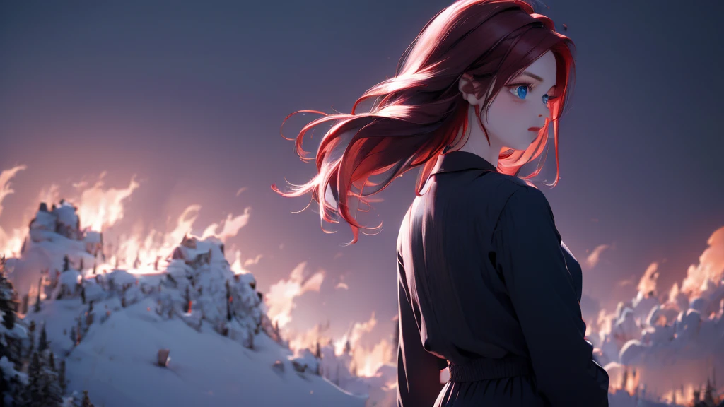 1 girl, medium light red hair, light blue eyes, wearing Black suit, night TOWN 4D , absurdres, high res, ultrasharp, 8K, masterpiece, looking from behind