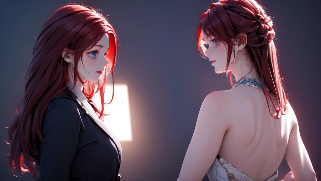 1 girl, medium light red hair, light blue eyes, wearing Black suit, night TOWN 4D , absurdres, high res, ultrasharp, 8K, masterpiece, looking from behind