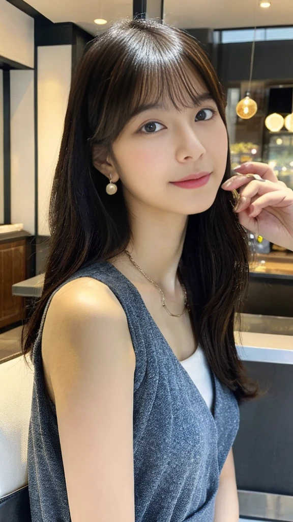 Portrait of a Japanese woman、alone、20 year old Japanese woman、Beautiful Face、Upper Body、Hair over one ear、Medium Sidecut、Sleeveless dress、Casual Dresses、(Highest quality、High resolution、high resolution、masterpiece:1.3)、At the cafe、Stylish cafe、necklace