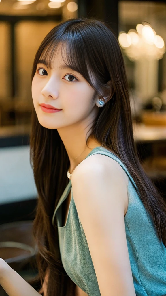 Portrait of a Japanese woman、alone、20 year old Japanese woman、Beautiful Face、Upper Body、Hair over one ear、Medium Sidecut、Sleeveless dress、Casual Dresses、(Highest quality、High resolution、high resolution、masterpiece:1.3)、At the cafe、Stylish cafe、necklace