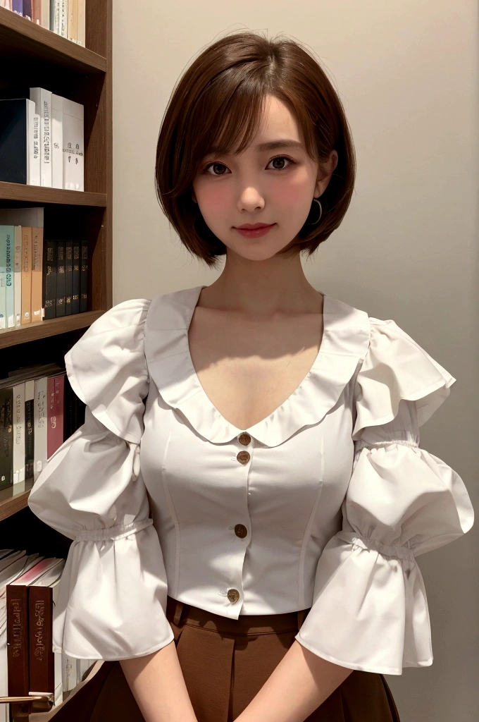 1woman, idol, short hair, brown hair、20-year-old、Office Lady、Library、White ruffle sleeve blouse、Frilled hirt lift、show off bra、Look away、Embarrassed expression、Unbutton three buttons on one's blouse