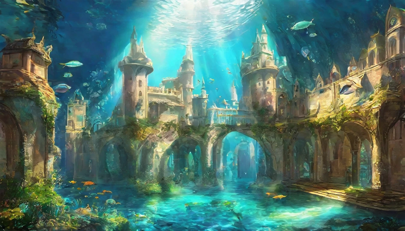Create a fantasy art of a magnificent underwater castle city interior scene。Crystal clear water flows from the walled city.、A digital illustration that sparkles in the light。The city's buildings consist of magnificent towers and bridges.、The building is decorated with intricate details。The sky is a clear blue、Some fluffy white clouds floating。The flow of water and the city's architecture create a fantastic atmosphere.、Humans are not depicted。