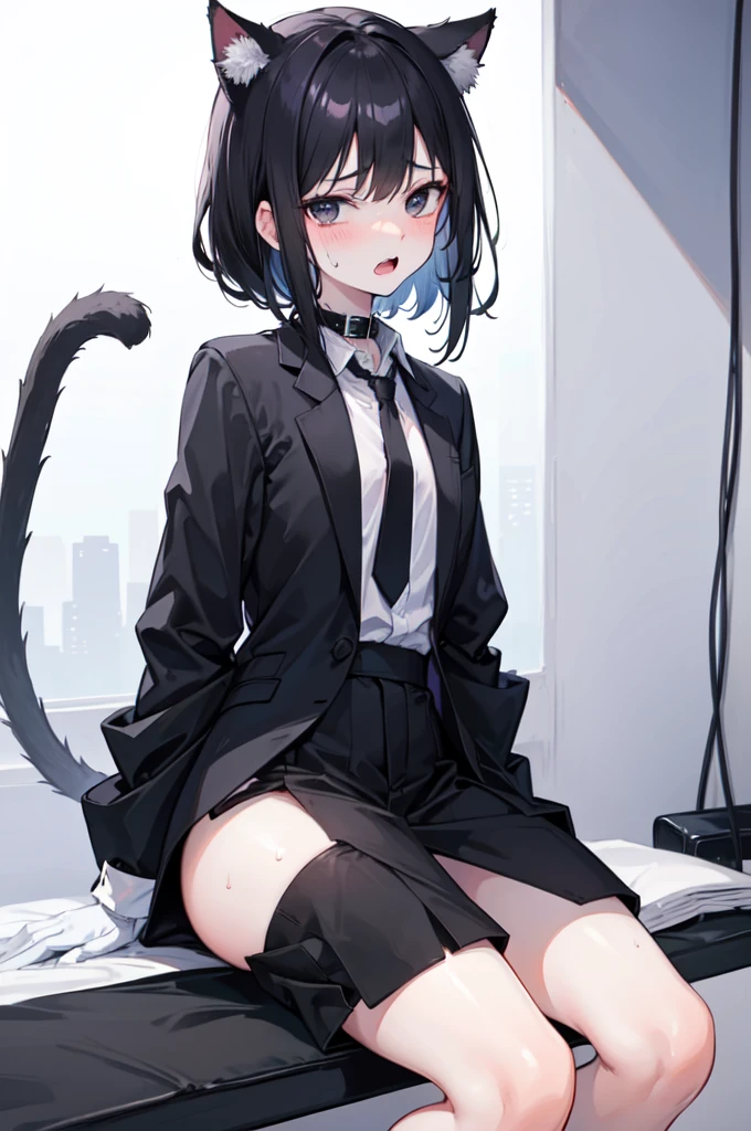 18-year-old man,White and tender skin,cute,Wear a white long-sleeved shirt and a black jacket and a black work tie,Wear black trousers,Wear black booties,Wear white gloves,wear cat ear,Wearing a collar,Black hair,Black eyes,Very thin waist,Very thin legs,Handsome,Disdainful and cold expression,shy,blush,scared,Sweating,tired,pornography,???? action,is cumming,Fucked to open mouth,Cumming in the mouth
