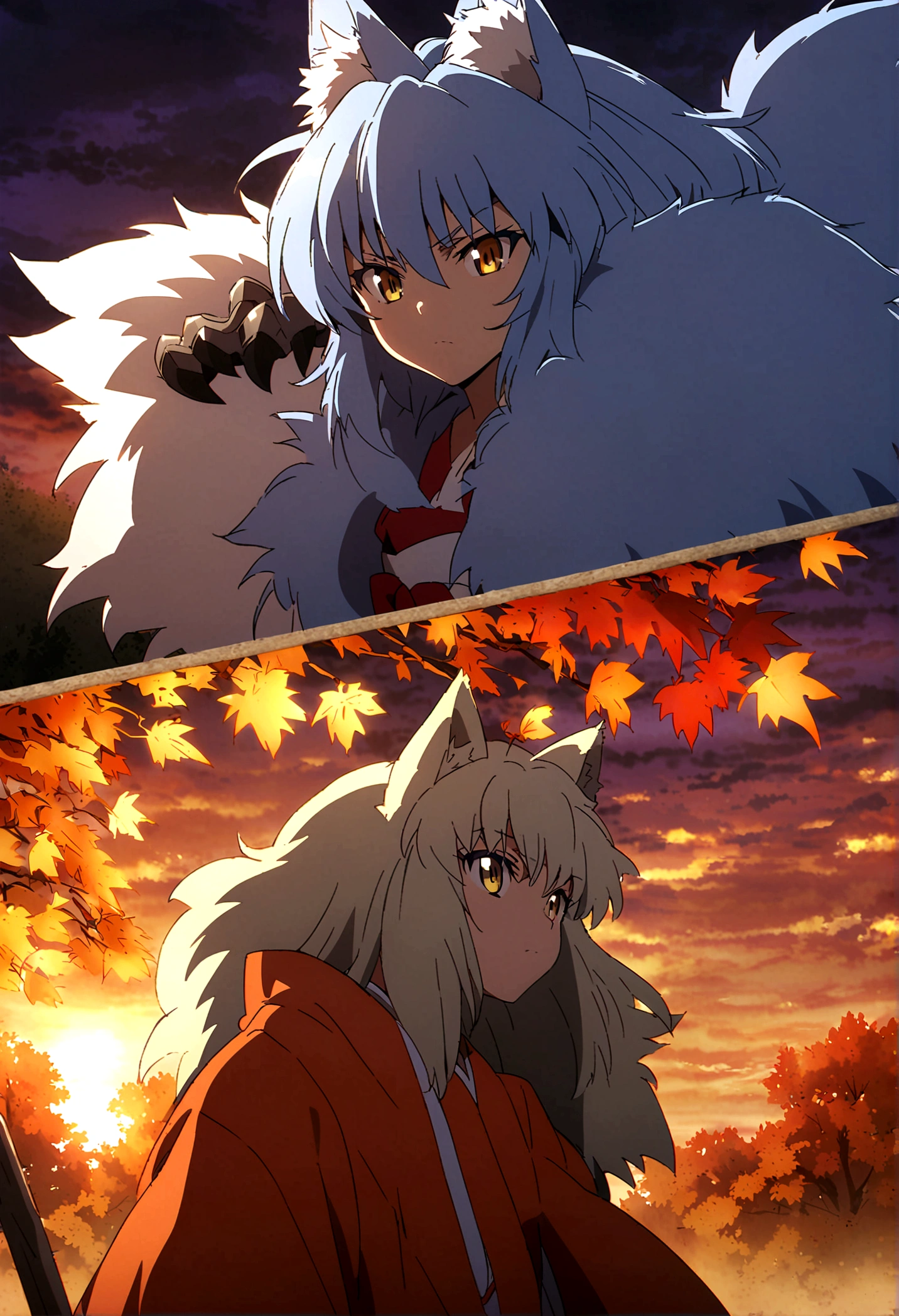 fox Light blue hair beast girl indigo fur fox beast girl Sesshomaru, Yellow eyes, Anime, Perfect face, Perfect Lighting, Outdoors, Warm colors, Dark purple sky, Autumn sunset, \(inuyasha\), Bearing Claw, Ready to fight fox Light blue hair beast girl indigo fur fox beast girl Sesshomaru, Yellow eyes, Anime, Perfect face, Perfect Lighting, Outdoors, Warm colors, Dark purple sky, Autumn sunset, \(inuyasha\), Bearing Claw, Ready to fight