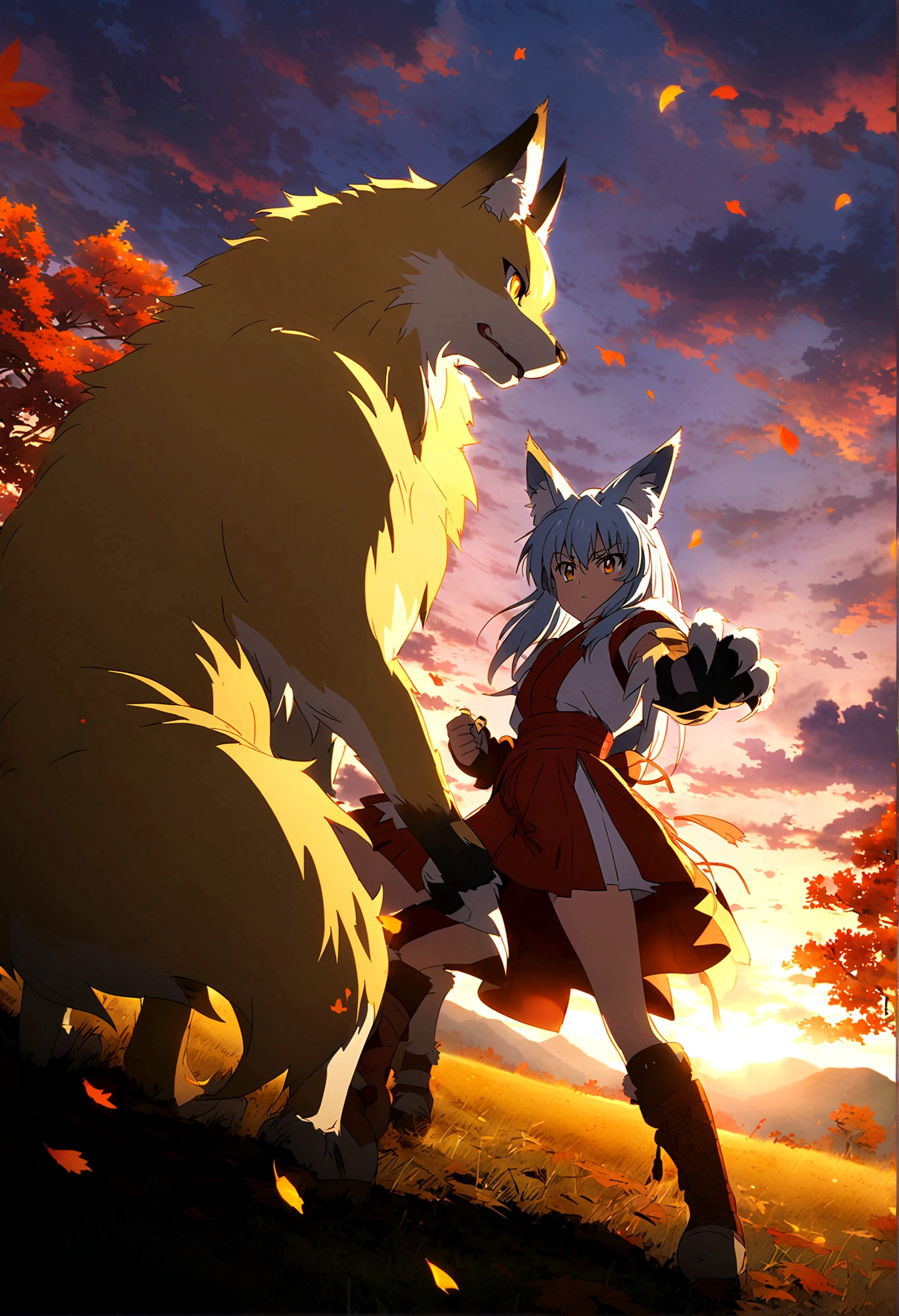 fox Light blue hair beast girl indigo fur fox beast girl Sesshomaru, Yellow eyes, Anime, Perfect face, Perfect Lighting, Outdoors, Warm colors, Dark purple sky, Autumn sunset, \(inuyasha\), Bearing Claw, Ready to fight fox Light blue hair beast girl indigo fur fox beast girl Sesshomaru, Yellow eyes, Anime, Perfect face, Perfect Lighting, Outdoors, Warm colors, Dark purple sky, Autumn sunset, \(inuyasha\), Bearing Claw, Ready to fight