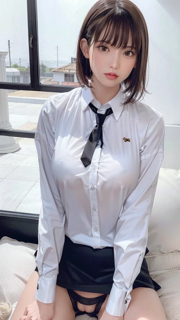 (8K, top quality, masterpiece: 1.2), (realistic, photorealistic: 1.2), sitting, (panty shot)))), (spreads your legs)))), solo, beautiful definition sky, night, wet, watching the viewer, (sit: 1.5), dating, future, (nose brush), smile, big breasts, fine beautiful eyes,), (dark blonde: 1), (short hair :1.1), Panty shot, Spread legs, Skirt, , White panties, Socks, Black hair, Shirt, Blurred, Blurred background, Knee-high, White shirt, Loafers, Realistic, Long hair, Lips, Brown eyes, Black socks, Tie, Pleated skirt, Bow, Headrest, Sideways, Outdoors, Brown footwear, Masterpiece, Best quality, Ultra detailed, ((((Panty Shot))), (((Spread your legs))), almost nake