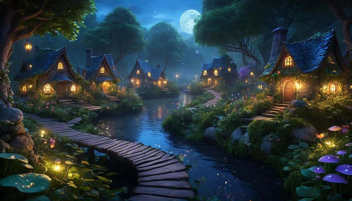 (best quality, 4k, 8k, highres, masterpiece:1.2), ultra-detailed, (realistic, photorealistic, photo-realistic:1.37), a charming fairy village at night, in the middle of a dense forest, enchanted forest, glowing mushrooms, whimsical treehouses, lush greenery, sparkling waterfalls, fairy lights, dainty flowers, serene atmosphere, fairy dust, ethereal beings, peaceful lakeside, cobblestone pathways, celestial stars, stunning architecture, mystical fog, harmonious colors, surreal ambiance, fairytale-like cottages, whispering winds, dream-like, imagination, tranquil haven, nocturnal magic, dense foliage, thick trees, overgrown vegetation, secluded, deep woods, night, overcast sky, thick clouds covering the sky