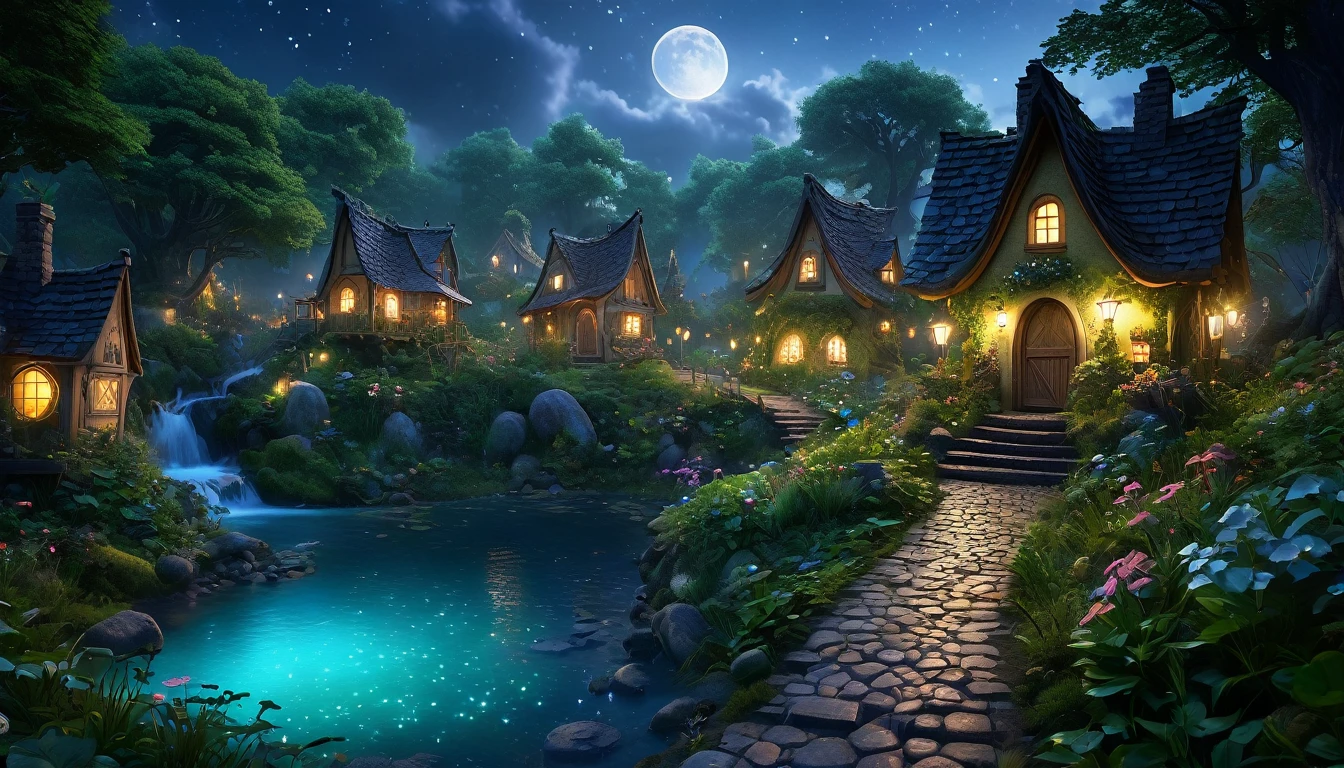 (best quality, 4k, 8k, highres, masterpiece:1.2), ultra-detailed, (realistic, photorealistic, photo-realistic:1.37), a charming fairy village at night, in the middle of a dense forest, enchanted forest, glowing mushrooms, whimsical treehouses, lush greenery, sparkling waterfalls, fairy lights, dainty flowers, serene atmosphere, fairy dust, ethereal beings, peaceful lakeside, cobblestone pathways, celestial stars, stunning architecture, mystical fog, harmonious colors, surreal ambiance, fairytale-like cottages, whispering winds, dream-like, imagination, tranquil haven, nocturnal magic, dense foliage, thick trees, overgrown vegetation, secluded, deep woods, night, overcast sky, thick clouds covering the sky