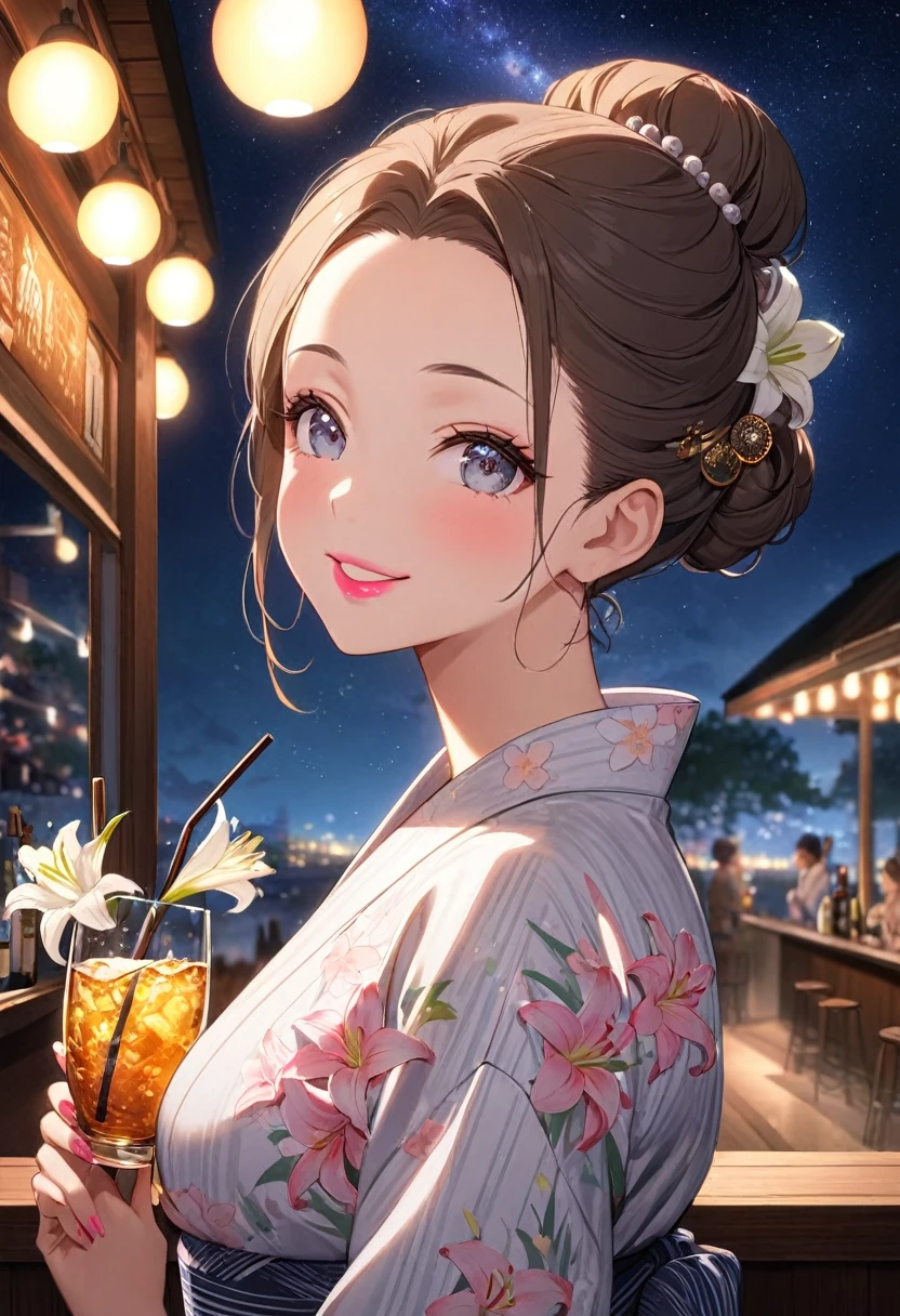 8K,((Highest quality)),((high-res)),((ultra detailed face)),night,She is drinking something in a bar ,outside ,chignon,forehead,milkyway,she wears lily pattern yukata with white obi,hair accessary,((big smiling)),make up,pink lips