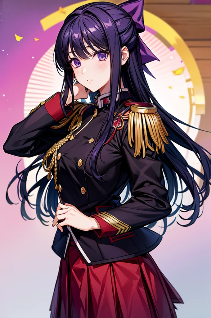 Akane Ryuuzouji、Black jacket uniform、Red pleated skirt、Epaulettes、Right shoulder to chest ornament、Purple head ribbon