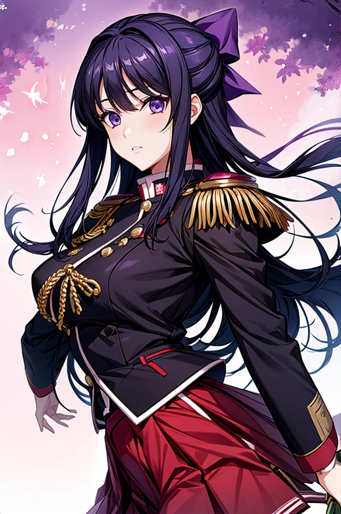 Akane Ryuuzouji、Black jacket uniform、Red pleated skirt、Epaulettes、Right shoulder to chest ornament、Purple head ribbon