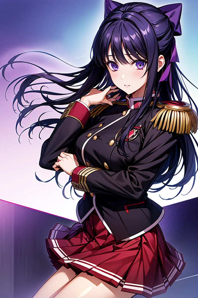Akane Ryuuzouji、Black jacket uniform、Red pleated skirt、Epaulettes、Right shoulder to chest ornament、Purple head ribbon