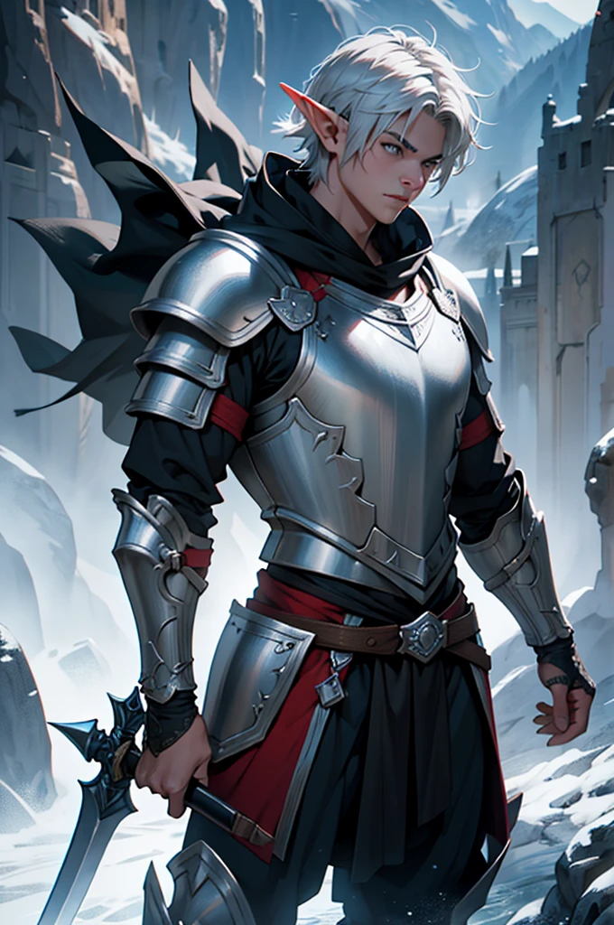 a young shadari kai elf man with short white hair, gray eyes, wearing full body armor, surrounded by a floating sword, spear and axe, highly detailed, realistic, photorealistic, ultra-detailed, 8k, masterpiece, dramatic lighting, cinematic, fantasy, medieval, dark fantasy
