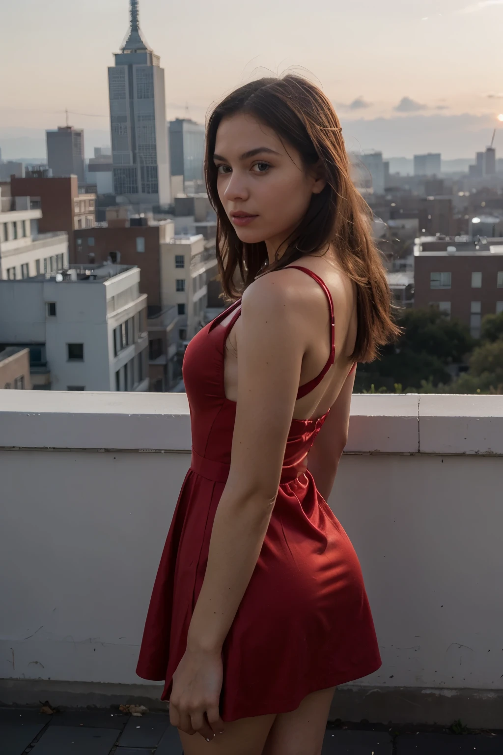 ((best qualityer)), ((work of art)), (detailded), 1 girl, short red dress, net socks, sunrise, city