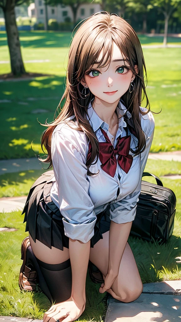 (masterpiece:1.2, top-quality), (realistic, photorealistic:1.4), beautiful illustration, (natural side lighting, movie lighting),
looking at viewer, cowboy shot, front view:0.6, 1 girl, japanese, high school girl, perfect face, cute and symmetrical face, shiny skin,
(long hair:1.8, straight hair:1.7, light brown hair), parted bangs, emerald green eyes, long eye lasher, (large breasts:0.9, thick thighs),
beautiful hair, beautiful face, beautiful detailed eyes, beautiful clavicle, beautiful body, beautiful chest, beautiful thigh, beautiful legs, beautiful fingers,
((, white collared shirts, black pleated mini skirt, black socks, brown loafers, red bow tie)), break, hoop ring earrings, pink panties, dark blue school bag, violet cardigan, break,
(beautiful scenery), evening, riverside, walking, hands on chest, (lovely smile, upper eyes), A masterpiece, top quality, highest definition, 32K, one big dog, one beautiful woman. Platinum blonde, straight hair in one length. Slit eyes, green eyes, model like, beautiful,
shirt, mini tight skirt. On all fours in a grassy field, a dog hugs the woman's back.
Woman's face, bright red, flushed,