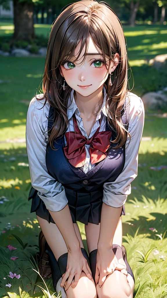 (masterpiece:1.2, top-quality), (realistic, photorealistic:1.4), beautiful illustration, (natural side lighting, movie lighting),
looking at viewer, cowboy shot, front view:0.6, 1 girl, japanese, high school girl, perfect face, cute and symmetrical face, shiny skin,
(long hair:1.8, straight hair:1.7, light brown hair), parted bangs, emerald green eyes, long eye lasher, (large breasts:0.9, thick thighs),
beautiful hair, beautiful face, beautiful detailed eyes, beautiful clavicle, beautiful body, beautiful chest, beautiful thigh, beautiful legs, beautiful fingers,
((, white collared shirts, black pleated mini skirt, black socks, brown loafers, red bow tie)), break, hoop ring earrings, pink panties, dark blue school bag, violet cardigan, break,
(beautiful scenery), evening, riverside, walking, hands on chest, (lovely smile, upper eyes), A masterpiece, top quality, highest definition, 32K, one big dog, one beautiful woman. Platinum blonde, straight hair in one length. Slit eyes, green eyes, model like, beautiful,
shirt, mini tight skirt. On all fours in a grassy field, a dog hugs the woman's back.
Woman's face, bright red, flushed,