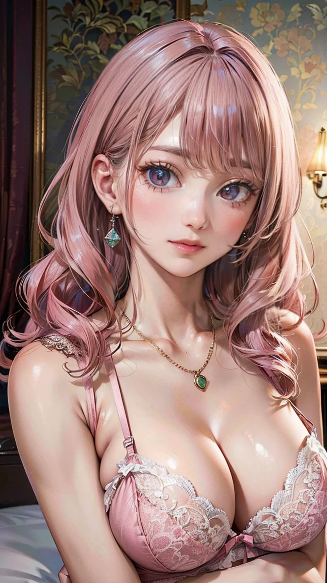 (Masterpiece, BestQuality:1.3), (ultra detailed:1.2), (hyperrealistic:1.3), (RAW photo:1.2), High detail RAW color photo, professional photograph, (Photorealistic:1.4), (realistic:1.4), (Pink Hair:1.5), professional lighting, perfect anatomy, (Big Breasts:1.2), (blush, detailed face), (A happy smile:1.7), Trending Hair&Trending Hairカラーをランダムに, earrings, necklace, bracelet, sexly, erotic sexly, Random sexy gravure poses, (Beautiful woman in red lace lingerie、In a luxurious bedroom、Tempting Gaze、Long wavy hair hanging down on her shoulders、The straps of her lingerie are completely out of place.。:1.3)