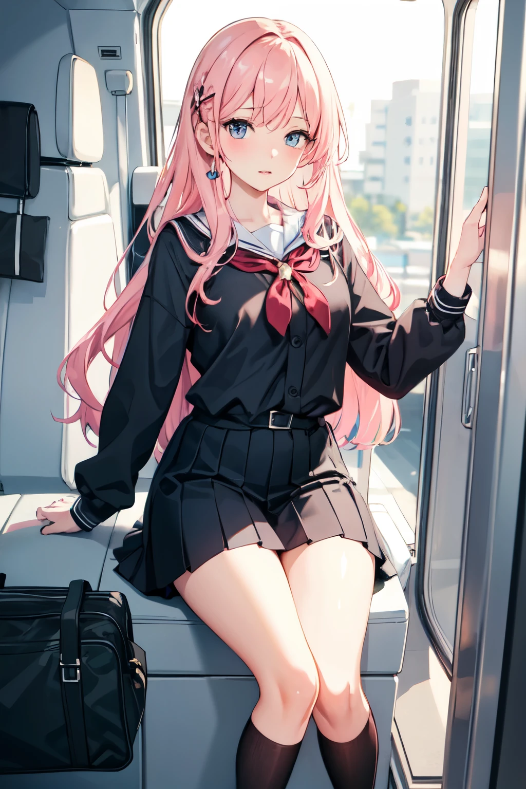 ((Highest quality)), ((masterpiece)), (detailed), high school girl,On the way home from school,Lewd,Pink Hair Long