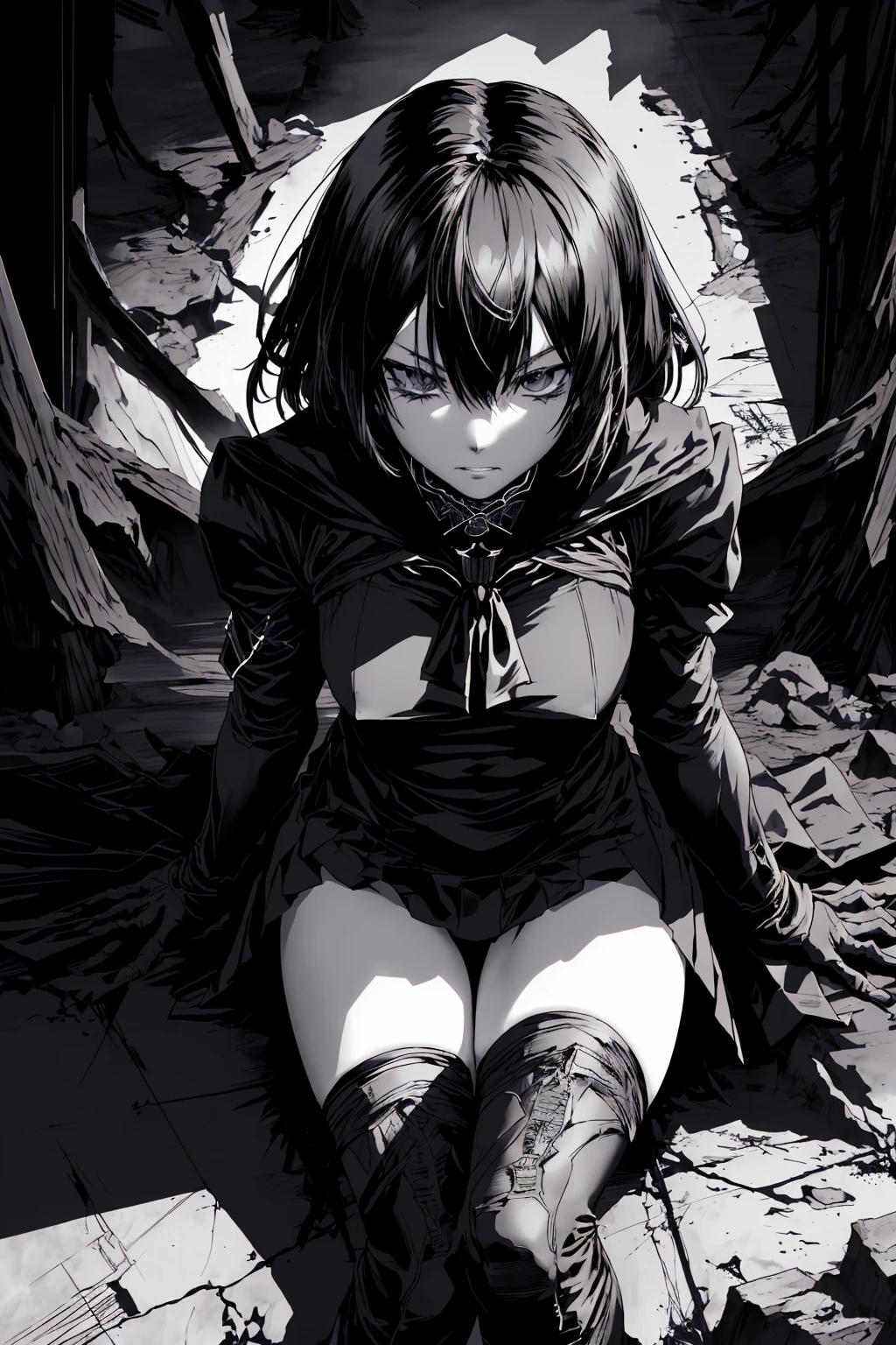 v5lcn style,ink art,(Best Quality,masutepiece:1.2),(black and white comic core:1.1),(extreme high contrast),Dark ink,1girl in,A dark-haired,Shadow on face、8K,resolution,High School Girl,Sailor Uniform,