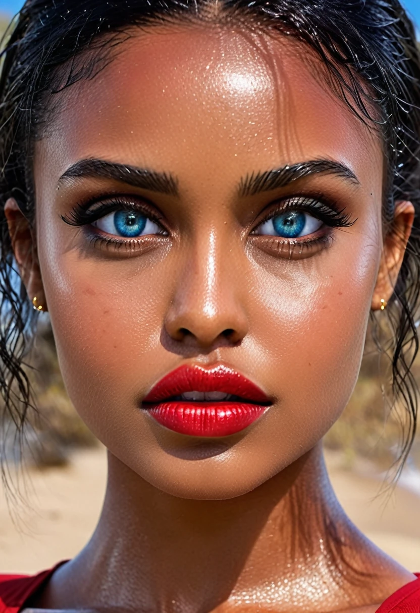 (muste piece, highest quality)((8k)),full body,super detailed,arab girl(((full body))),wide eyebrow,black skin ,blue eyes ,photorealistic,dark bronze shiny skin,beautiful female mode,dark skin Black woman in red clothes from biblical times, blue eyes, in Bora Bora,swety skin,horny,wet skin , (shiny skin), she is wet and intimate, she has a submissive expression, direct eye contact, hyperrealistic, unreal engine 5,Suggested pose, 8K