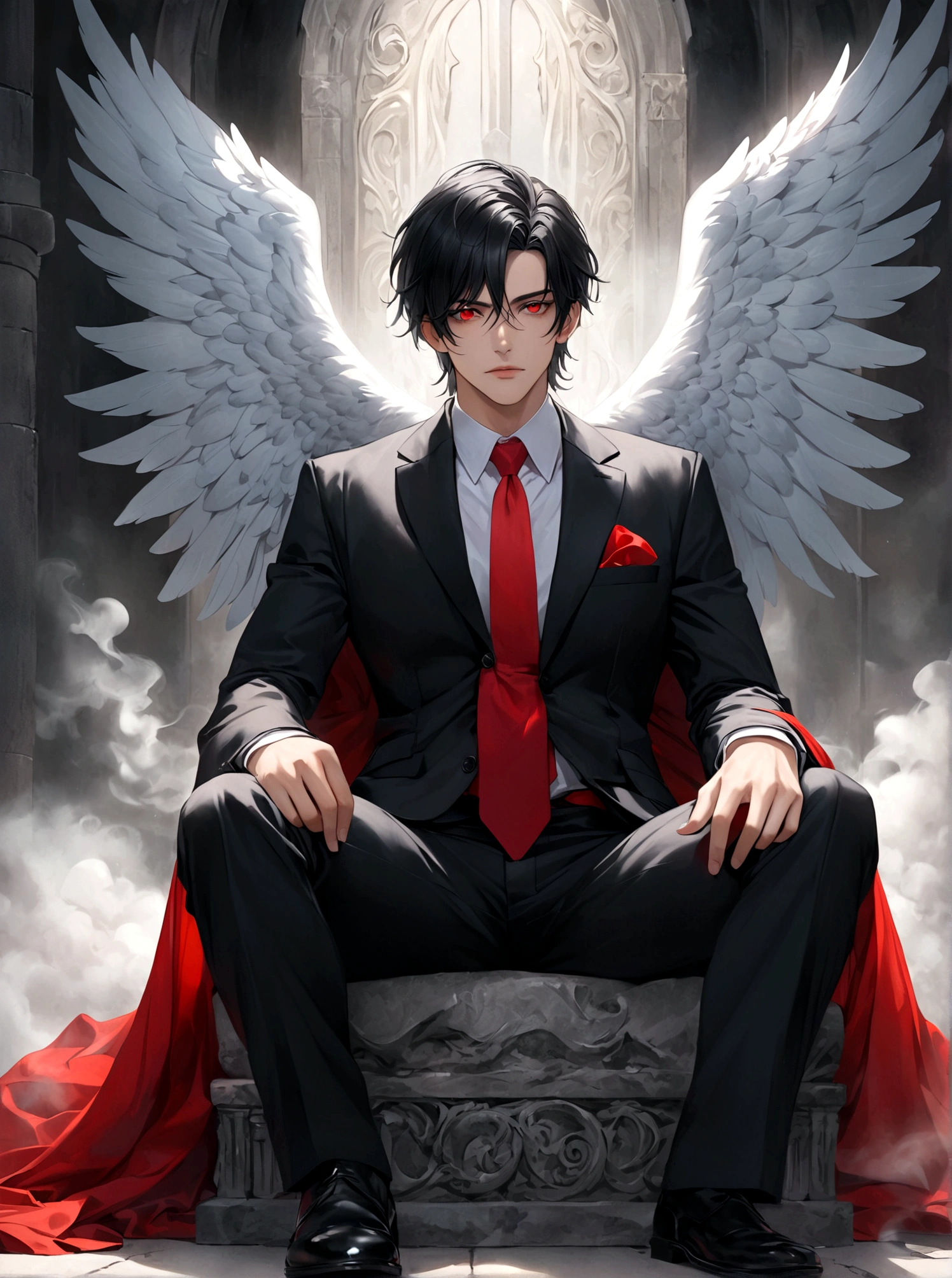 night，A Western man sitting on a stone seat，Night，Thick fog，Smoke background，耸立在云端的Stone Throne，Stone Throne，black hair，Black Hair，Black suit suit，Black suit，Red tie，Red pupils，Red pupil，Colored Contact Lenses，There is a pair of huge angel wings behind，Crossing your legs，Hyperrealism，