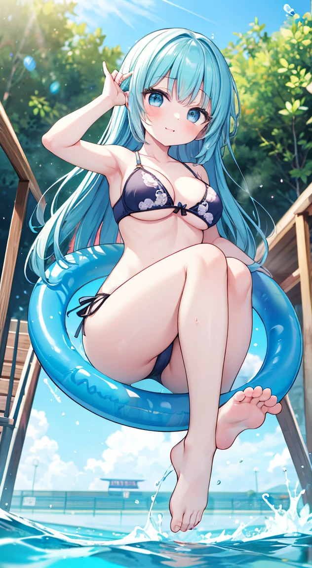 masterpiece,best quality,floral pattern bra, floral pattern panties,,side tie panties,A scene at a water park with a water slider, featuring a Japanese actress. The actress is wearing colorful bikini and is joyfully sliding down a long, open, water-filled slide, barefoot. The water slider is set amidst vibrant greenery and a clear blue sky. The actress, dressed in sporty fitness wear, is experiencing a thrilling ride, with water splashing around her as she descends the slide. She is riding on a bright inflatable ring, adding a lively touch to the overall atmosphere of the scene, and her bare feet add a sense of freedom and fun.NSFW,