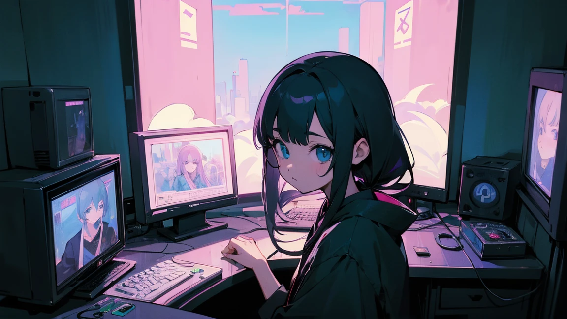 high resolution,High definition,high quality,Girl playing games,gaming computer,Erogeo Art Style, Arte Roffie, zero vibrations, Hip Hop Lofi,aesthetic, Lo-fi art, Lo-fi illustration style, zero, Portrait of Roffey, vibe zero, zero, Chill Hop, Anime Aesthetics,japanese style,