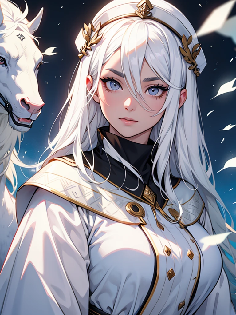 30-year-old woman、White long hair、White eyelashes、White Eyes、White eyebrows、White God&#39;s Clothes、Expressionless、White magic from one hand、White background、Cold-hearted、怖い、風