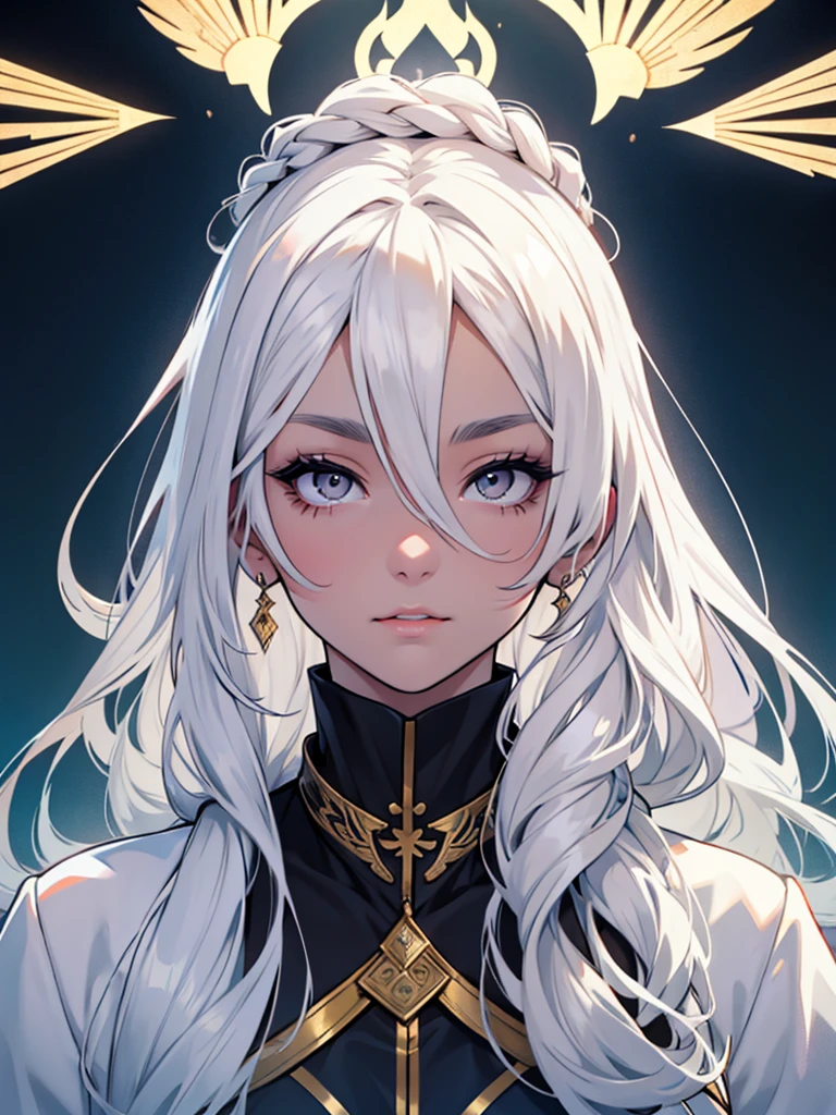 30-year-old woman、White long hair、White eyelashes、White Eyes、White eyebrows、White God&#39;s Clothes、Expressionless、White magic from one hand、White background、Cold-hearted、怖い、風