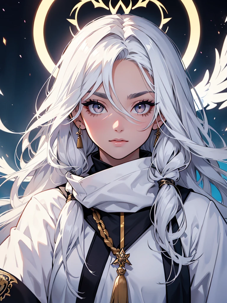30-year-old woman、White long hair、White eyelashes、White Eyes、White eyebrows、White God&#39;s Clothes、Expressionless、White magic from one hand、White background、Cold-hearted、怖い、風