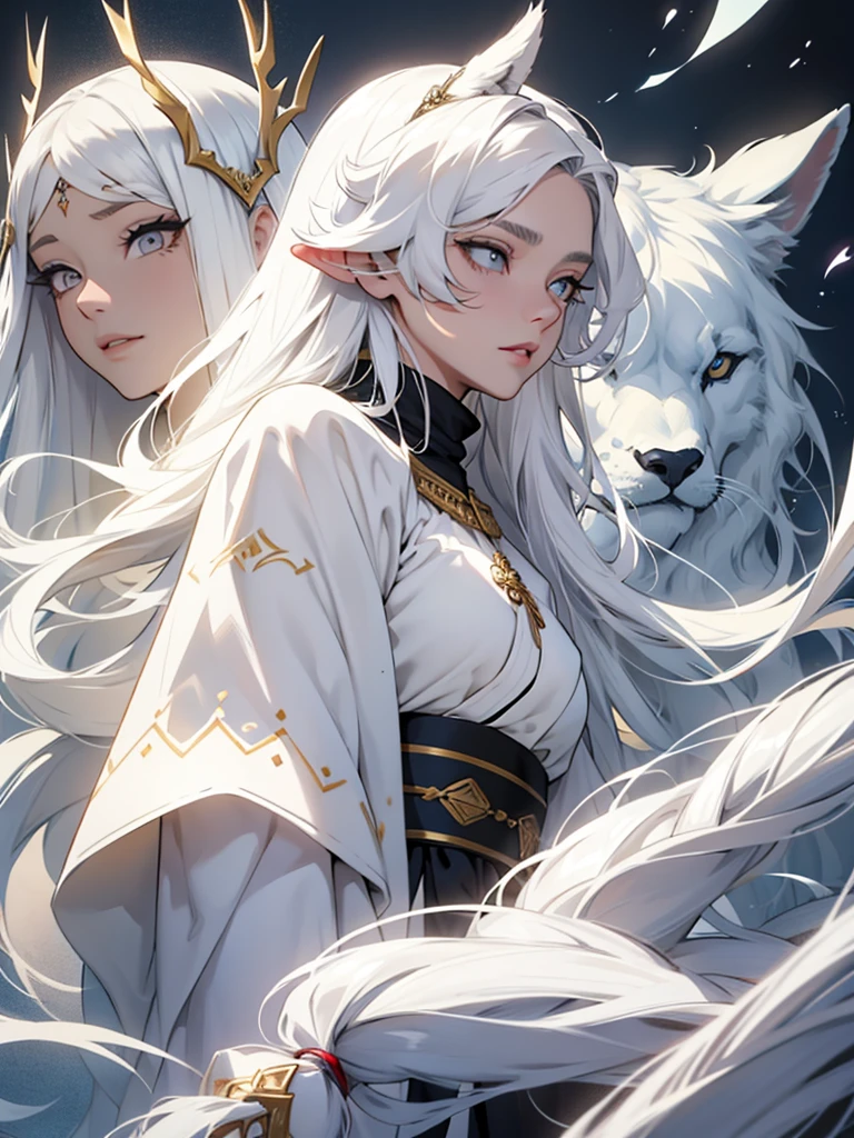 30-year-old woman、White long hair、White eyelashes、White Eyes、White eyebrows、White God's Clothes、Expressionless、White magic from one hand、White background、Cold-hearted、怖い、風
